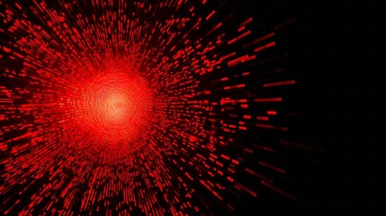 Brilliant red digital energy streams rapidly expand from a centralized point against a dark void.