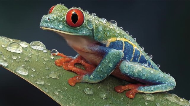 Vibrant red-eyed tree frog covered in dewdrops on a green leaf. Exotic amphibian with striking red eyes and colorful skin.