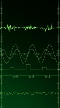 Oscillator, display with green radar. Experiment, sine wave, curve, mathematic, physics, digital display, interface, localization, diagram, control. Vertical format, 3D animation