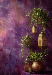 A still life composition featuring decorative hanging lanterns and plants against a textured purple wall, evoking a warm and inviting atmosphere.