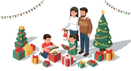 Fototapeta premium Festive family celebration with gifts and christmas tree in isometric style
