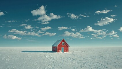A solitary red house stands on a vast expanse of snow, framed by a clear blue sky dotted with fluffy white clouds.