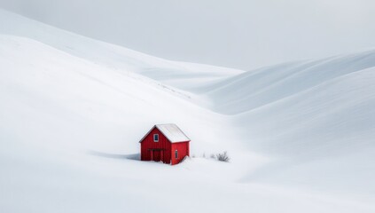 A solitary red cabin rests serenely amidst a vast expanse of snow-covered, gently sloping hills.