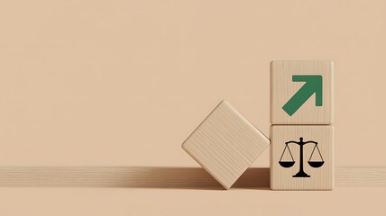 Symbolic Representation of Ethical Growth Justice Scales Ascending with Upward Arrow on Wooden Blocks, Business & Law