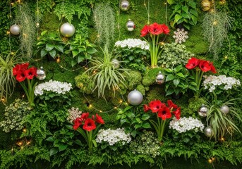 Festive greenery wall with red and white flowers and ornaments