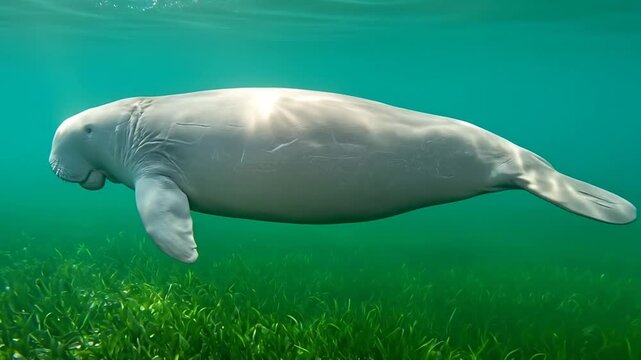 Majestic grey dugong gracefully swims through vibrant green underwater world