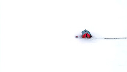 A solitary red barn sits nestled in a vast expanse of white snow, creating a striking image of winter tranquility.
