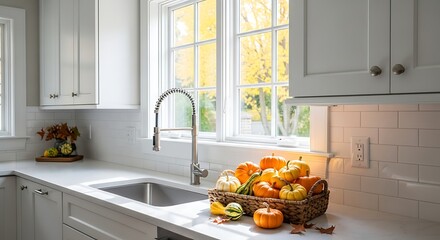 Autumn harvest display of pumpkins and gourds in a bright modern kitchen with natural light streaming in