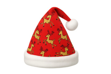 Red santa hat featuring reindeer pattern, white fur trim, pom-pom, festive christmas holiday accessory