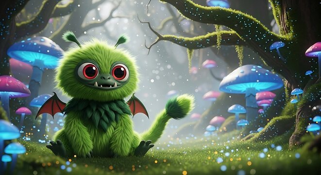 A cute, green creature with large eyes sits in an enchanted forest filled with glowing mushrooms and luminous trees