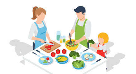Family cooking together in kitchen preparing healthy meal in isometric style