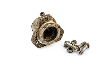 A close-up of a dirty, oily wheel hub assembly with bolts on a white background. The image reflects the essence of repair and maintenance.