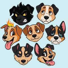 Set of seven expressive cartoon dog heads showing various emotions like anger sadness and happiness.