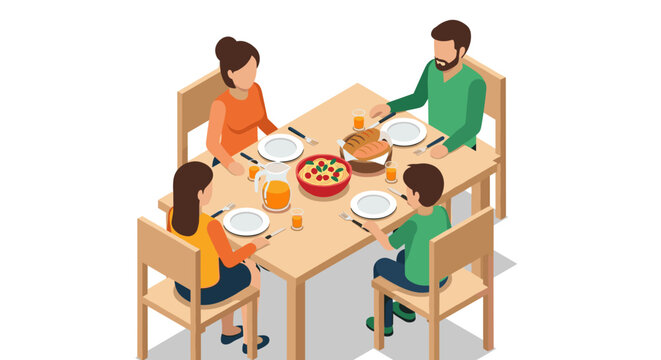 Family dinner time in isometric style with parents and children at table