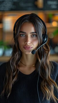 Friendly woman wearing headset offers helpful support with a warm smile in a casual setting. Vertical video.