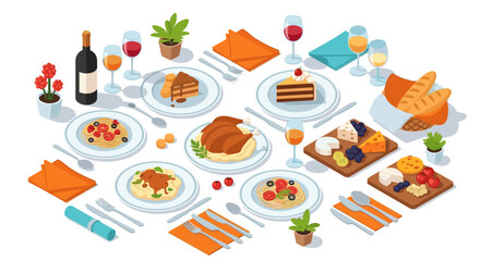 Isometric dinner table with diverse cuisine and elegant tableware