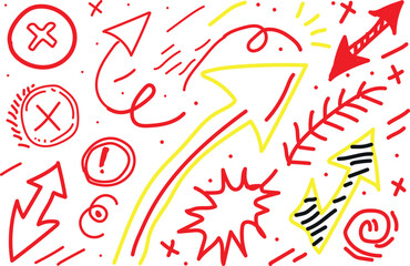 Collection of hand drawn red and yellow arrows symbols and scribbles on white background