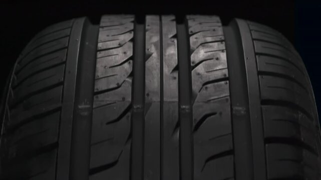 Winter Tire Replacement Season. The concept of seasonal tire replacement. Close-up new car wheel slowly spinning. A cold weather warning sign appears on the tread side of the wheel