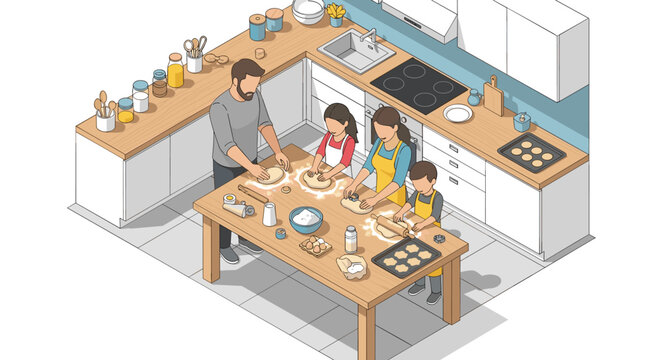 Family cooking activity in modern kitchen with children learning to bake together