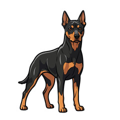 Stylized cartoon illustration of a black and tan Doberman Pinscher standing alert with cropped ears.