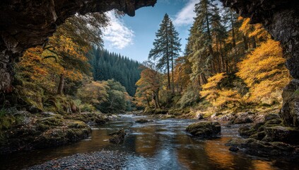 A tranquil river flows through a vibrant autumnal forest, framed by a dark cave opening, showcasing the rich hues of fall foliage.