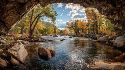 A serene autumnal vista, framed by a rocky cave, reveals a tranquil river flowing through a colorful forest.