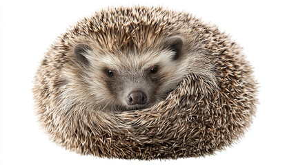 Obraz premium A curled up hedgehog with its face visible against a plain white background in studio