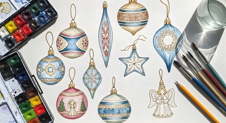 Artistic flat lay of hand-painted vintage Christmas ornaments with watercolor palettes and paintbrushes.