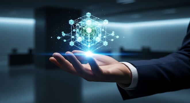 Professional hands presenting a glowing futuristic digital cube network, symbolizing innovation and advanced technology in a modern office setting