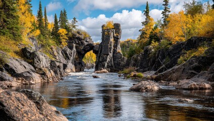 A serene river gorge, sculpted by nature, showcases dramatic rock formations and vibrant autumn foliage.