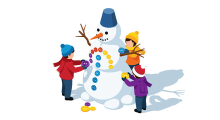 Fototapeta premium Children in winter attire building a snowman with colorful buttons in isometric style