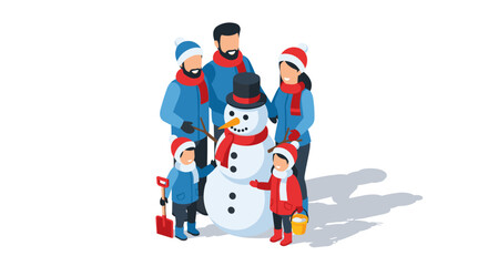 Family making snowman in winter scene with children in isometric style
