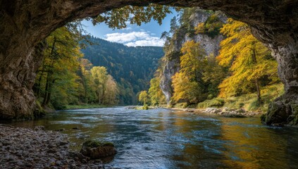 A serene river flows through a picturesque valley, framed by autumnal trees and a rock archway, showcasing a tranquil autumn landscape.