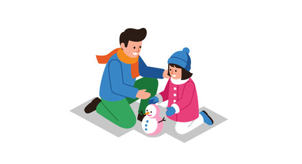 Father and daughter building snowman in winter scene