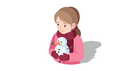 Child holding snowman in winter clothing with pink jacket and scarf