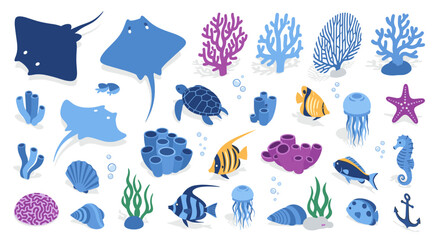 Marine life collection diverse ocean creatures and coral in flat design style