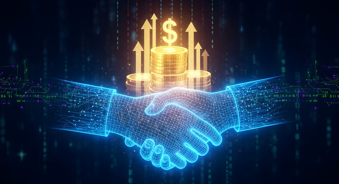 Digital Partnership for Financial Growth A Wireframe Handshake Symbolizing Innovation and Technological Advancement in the Realm of Finance and Investments