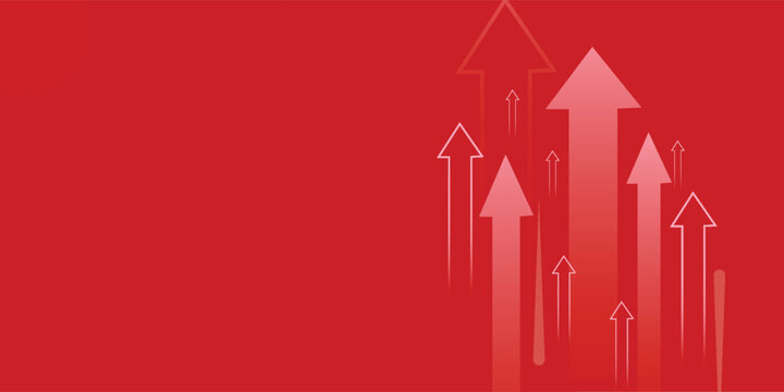 White arrow on red background up to growth success, 3d render, progress way and forward achievement creative concept.
