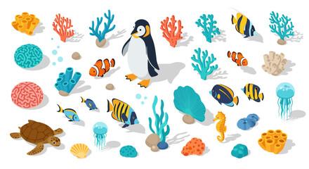 Diverse marine life set featuring penguin and coral in vibrant isometric style © Maureen