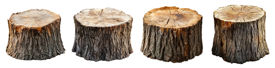 Tree stump – The remaining part of a tree trunk after it’s been cut down or fallen. Isolated on Clear White Background Highly Detailed