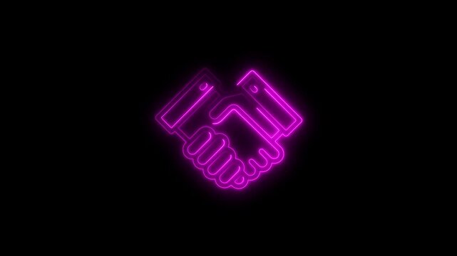 Neon pink handshake icon on black background symbol