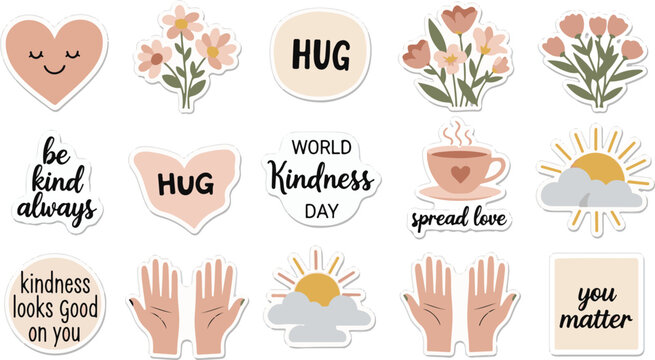 Collection of positive and motivational stickers celebrating kindness, love, and good vibes for spreading positivity and encouragement