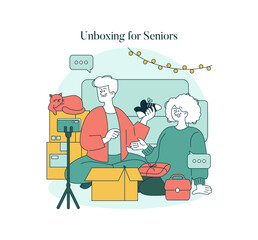 Seniors Engaging in Unboxing Experience Vector Illustration