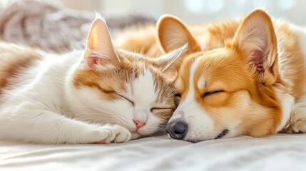Obraz premium Domestic cat and corgi dog peacefully sleeping together on a cozy bed, showcasing their friendship and warmth in a serene indoor environment with soft lighting