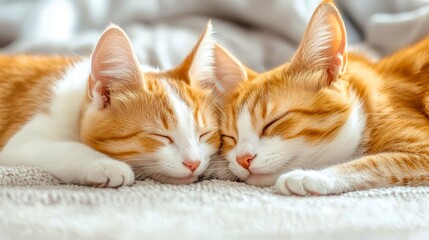 Two adorable ginger kittens peacefully sleeping side by side on a soft blanket, showcasing their fluffy fur and serene expressions in a cozy indoor environment