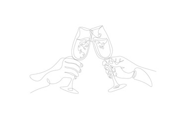 Champagne Cheers One Line Art – Continuous Line Drawing of Hands Toasting with Wine Glasses, Festive Celebration Vector Illustration