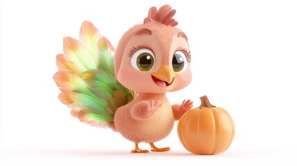 Cute cartoon bird character with colorful feathered tail, happily standing beside a small pumpkin, showcasing a playful autumn theme and whimsical design elements