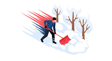 Man shoveling snow in winter landscape with bare trees