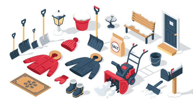 Winter preparedness essentials in isometric art for snowy days