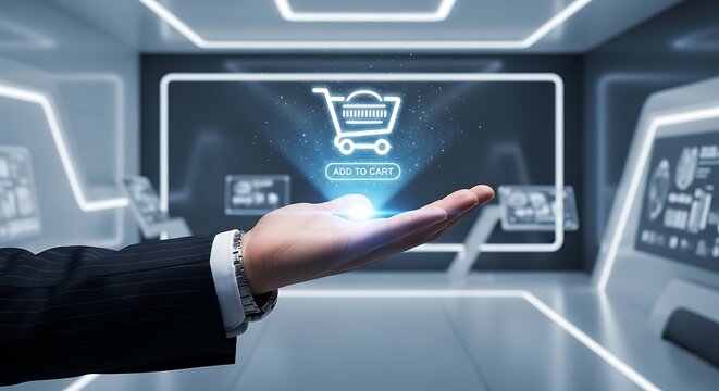Seamlessly add products to your cart with this professional business hand presenting a digital shopping icon in a futuristic interface - Powered by Adobe